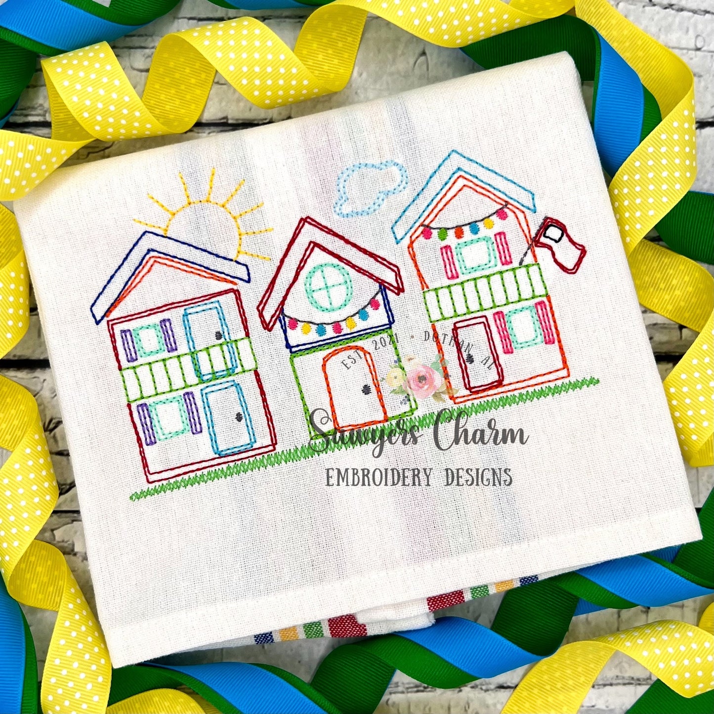 Colorful cabins trio bean stitch machine embroidery design file, quick stitch, county fair, flag, sunshine, lights, outdoors, summer fun