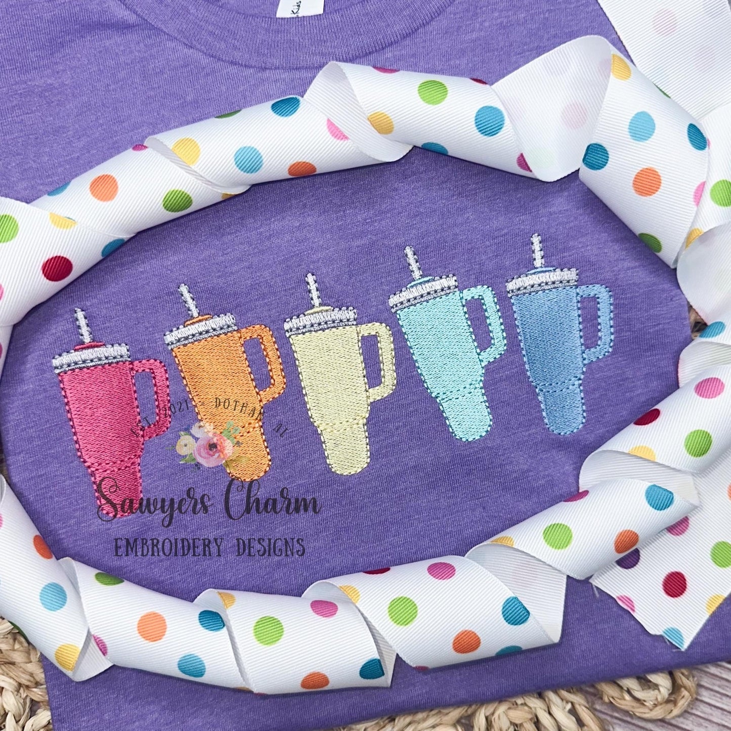 Tumbler to go water cups with straw in a row, fill stitch machine embroidery design file, spring, summer, girl, coquette, mom on the go life