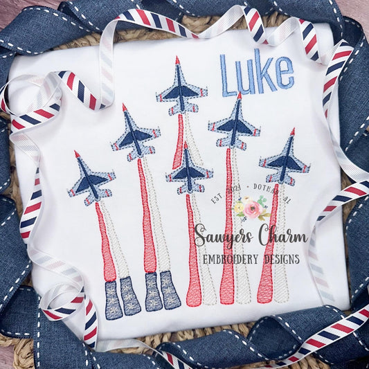 Red/white/blue jets, stars/stripes, flag smoke sketch stitch machine embroidery design file, July 4th, patriotic, summer, America, air show