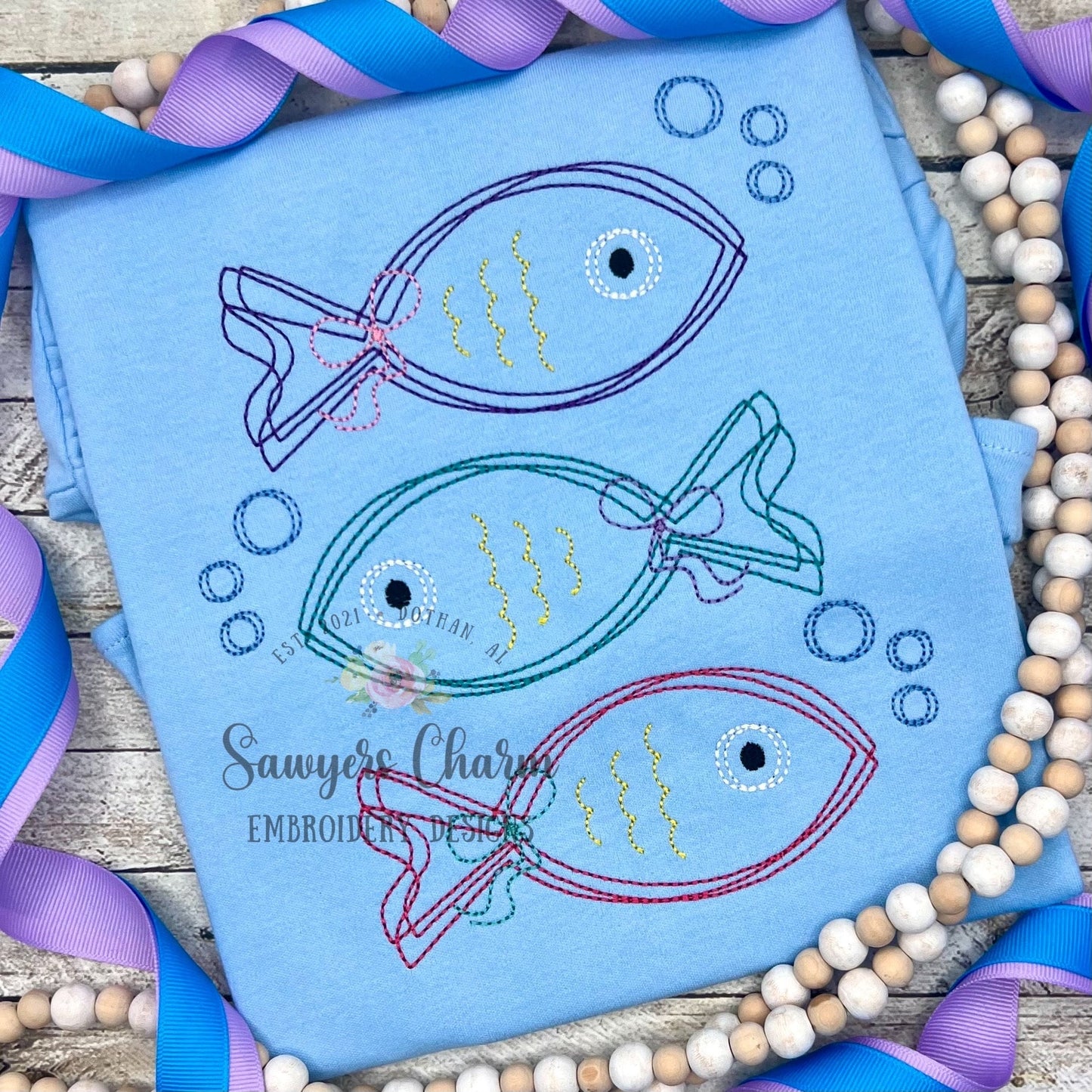 BUNDLE Squiggly fish in water with bubbles trio with/without bows, bean stitch machine embroidery design file, waves, ocean lake, summer