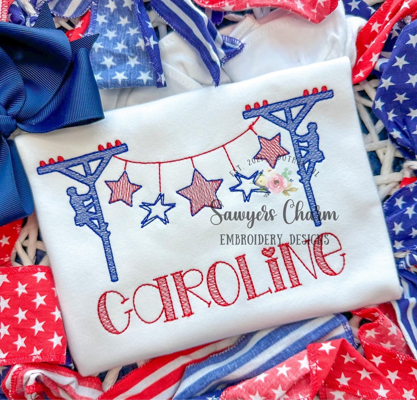 Patriotic stars lineman bunting banner, sketch stitch machine embroidery design file, quick stitch, summer, July 4th, Memorial Day
