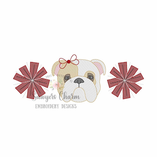 Pom poms, two color bulldog with bow trio, sketch stitch embroidery design, college university, football cheerleader, cheerleading, coquette