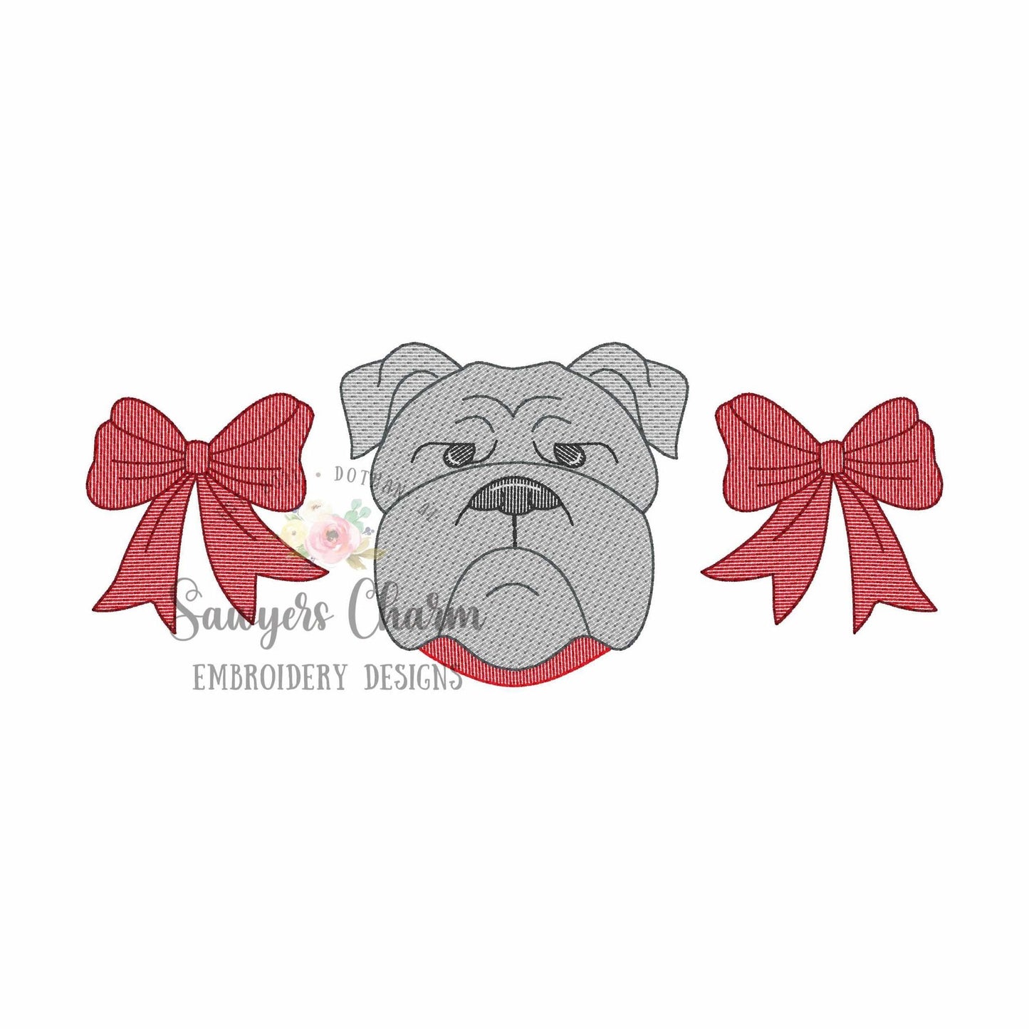 Coquette bows & bulldog with collar trio, sketch stitch machine embroidery design, college university, football cheerleader, sports fan