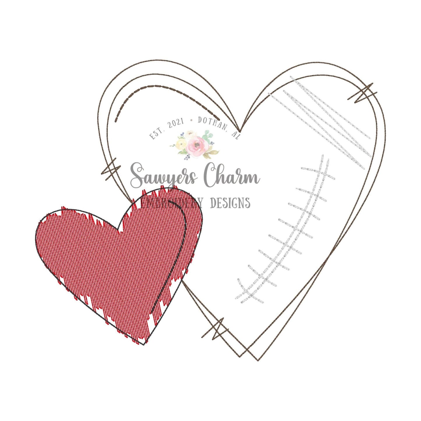 Squiggly scribble football heart bean & sketch stitch machine embroidery design file, quick stitch, fall, sports fan, game day, love