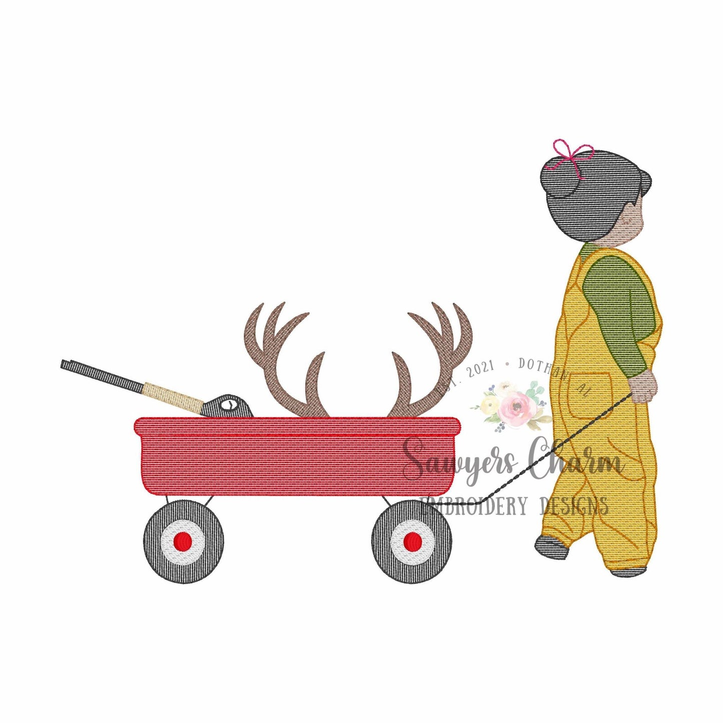 Little girl deer hunting pulling wagon with bun sketch stitch machine embroidery design file, buck antlers, fall outdoor hunter, overalls