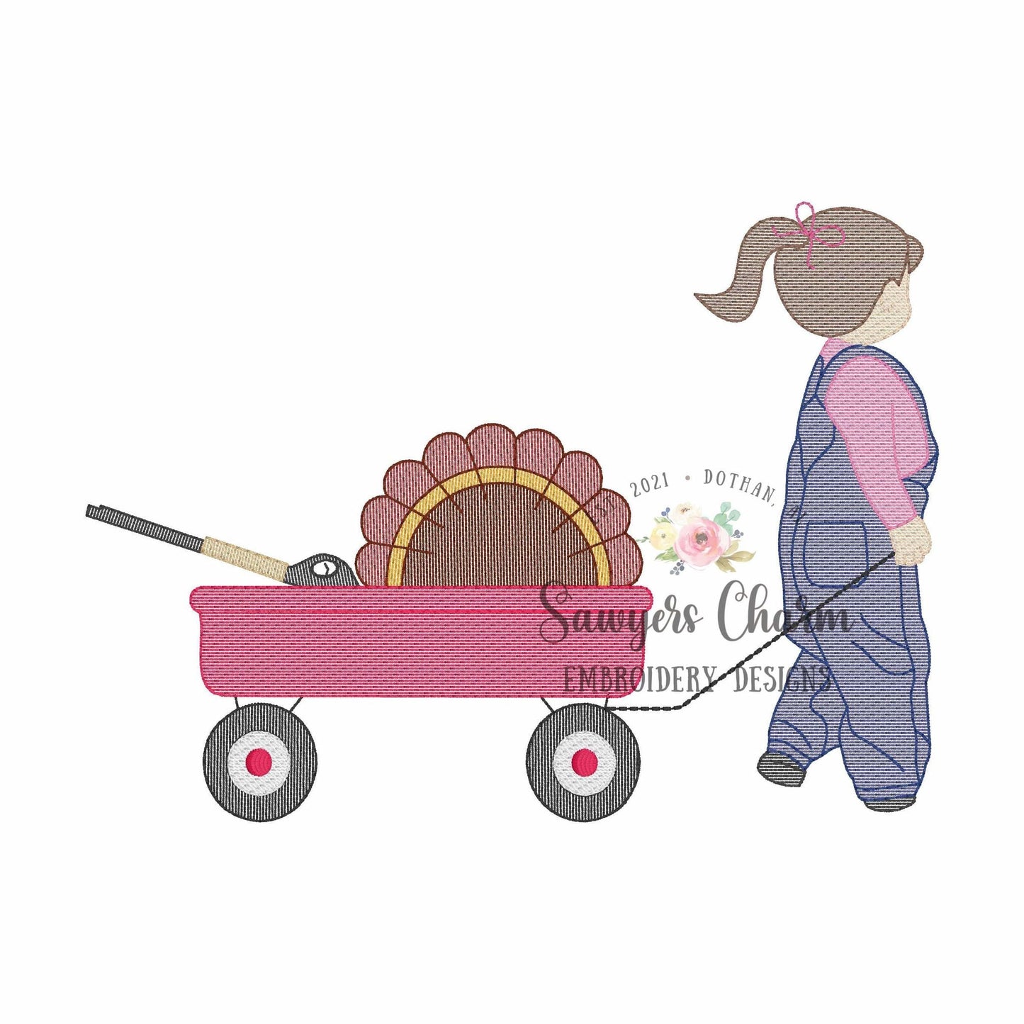 Little girl turkey hunting pulling wagon with ponytail sketch stitch machine embroidery design file, buck antlers, fall outdoor, overalls