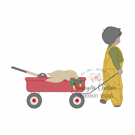 Little boy duck hunting pulling wagon sketch stitch machine embroidery design file, mallards, fall, outdoor hunter, overalls