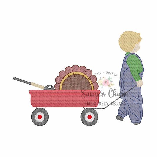 Little boy turkey hunting pulling wagon with ponytail sketch stitch machine embroidery design file, thanksgiving, fall, outdoor, overalls
