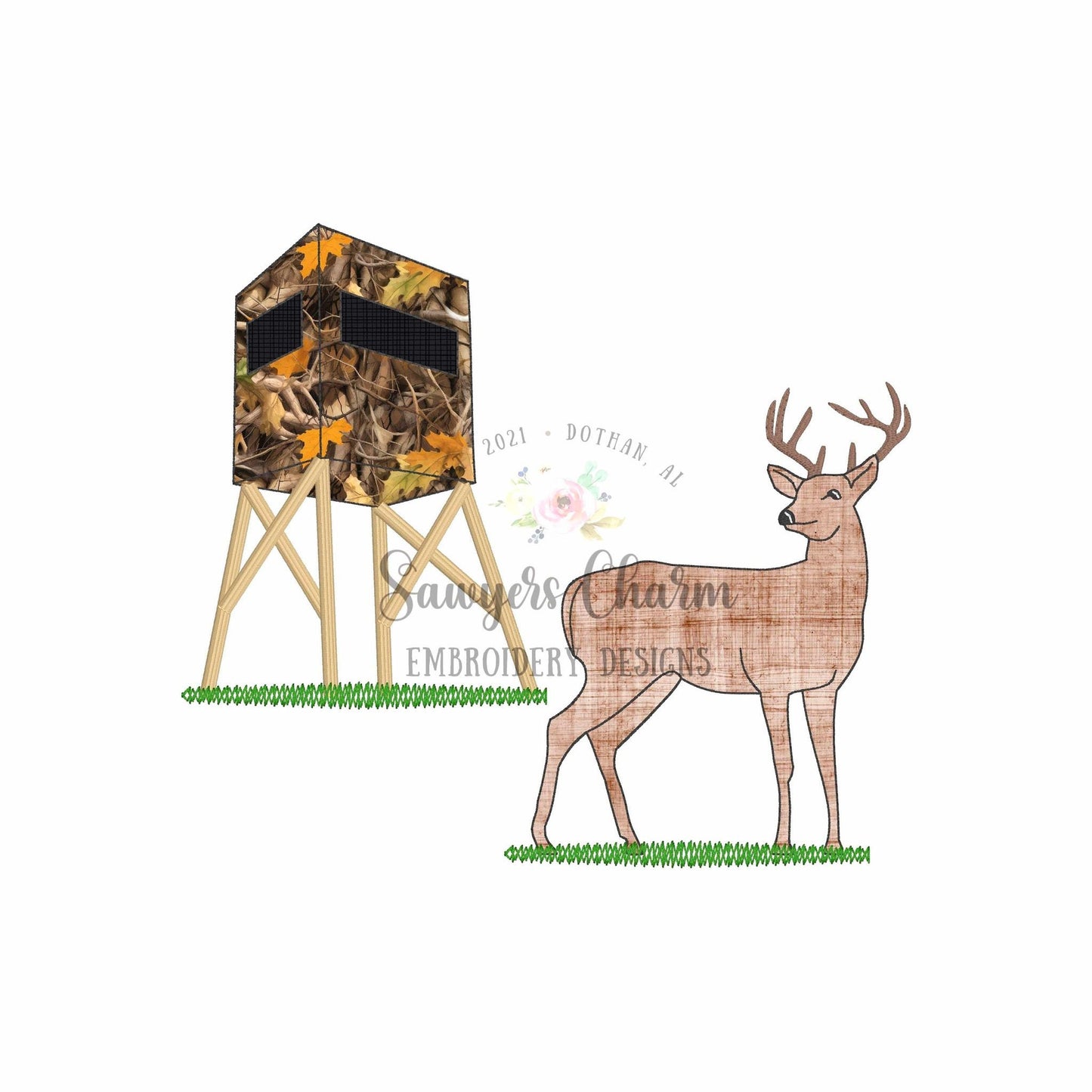 Shooting house with deer bean stitch machine applique embroidery design file, quick stitch, fall, hunting blind, outdoors, field