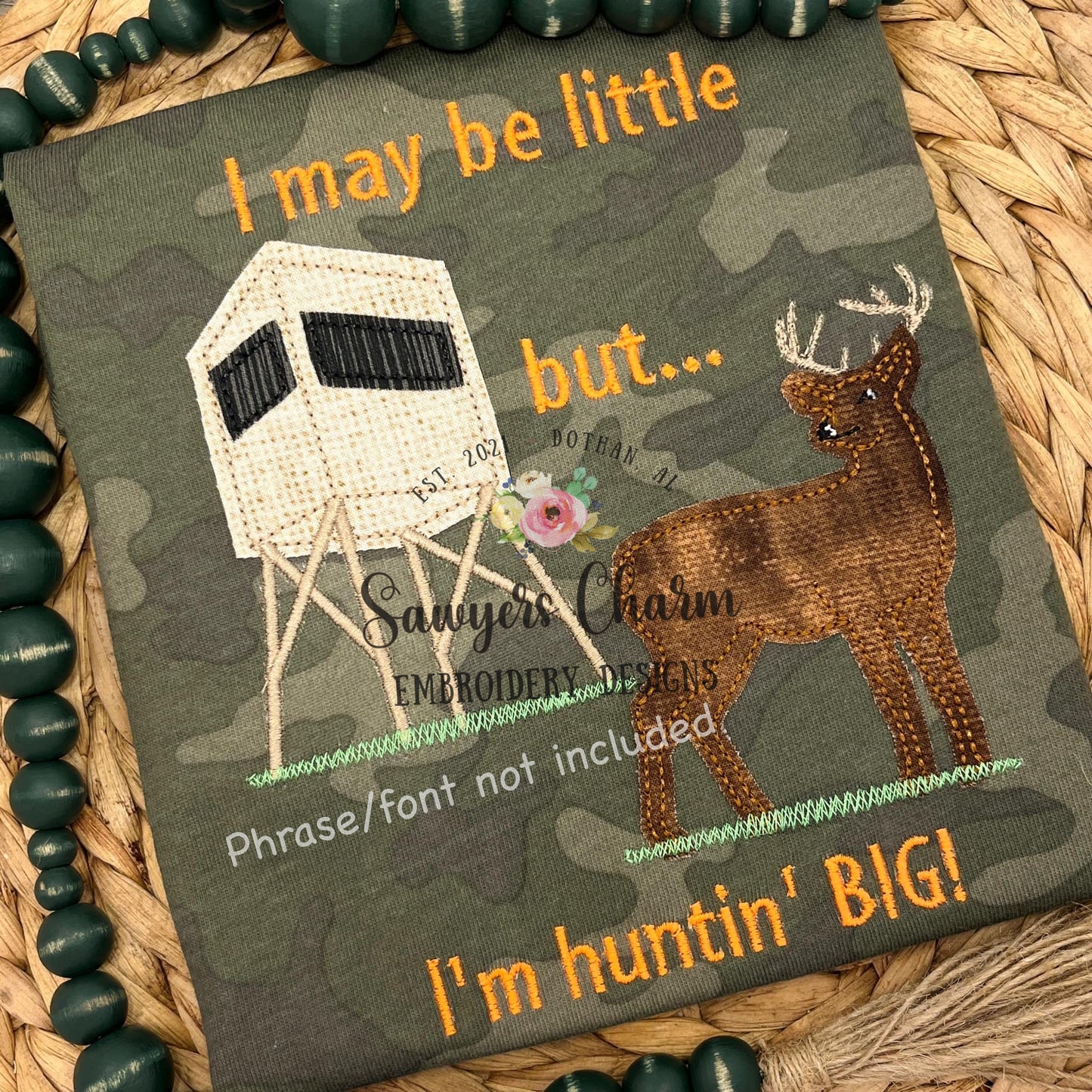 Shooting house with deer bean stitch machine applique embroidery design file, quick stitch, fall, hunting blind, outdoors, field