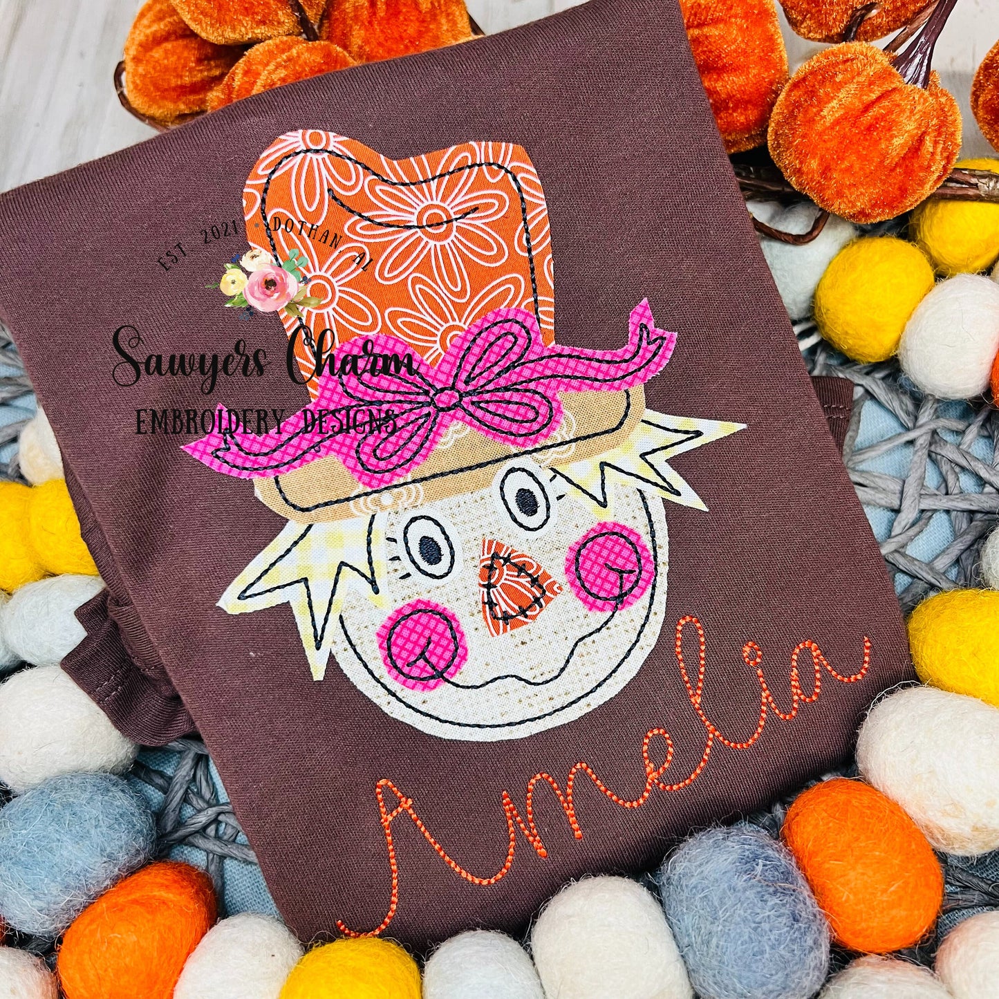 BUNDLE Girl Scarecrow with bow zig zag & bean stitch applique, machine embroidery design file, fall, thanksgiving, quick stitch, harvest