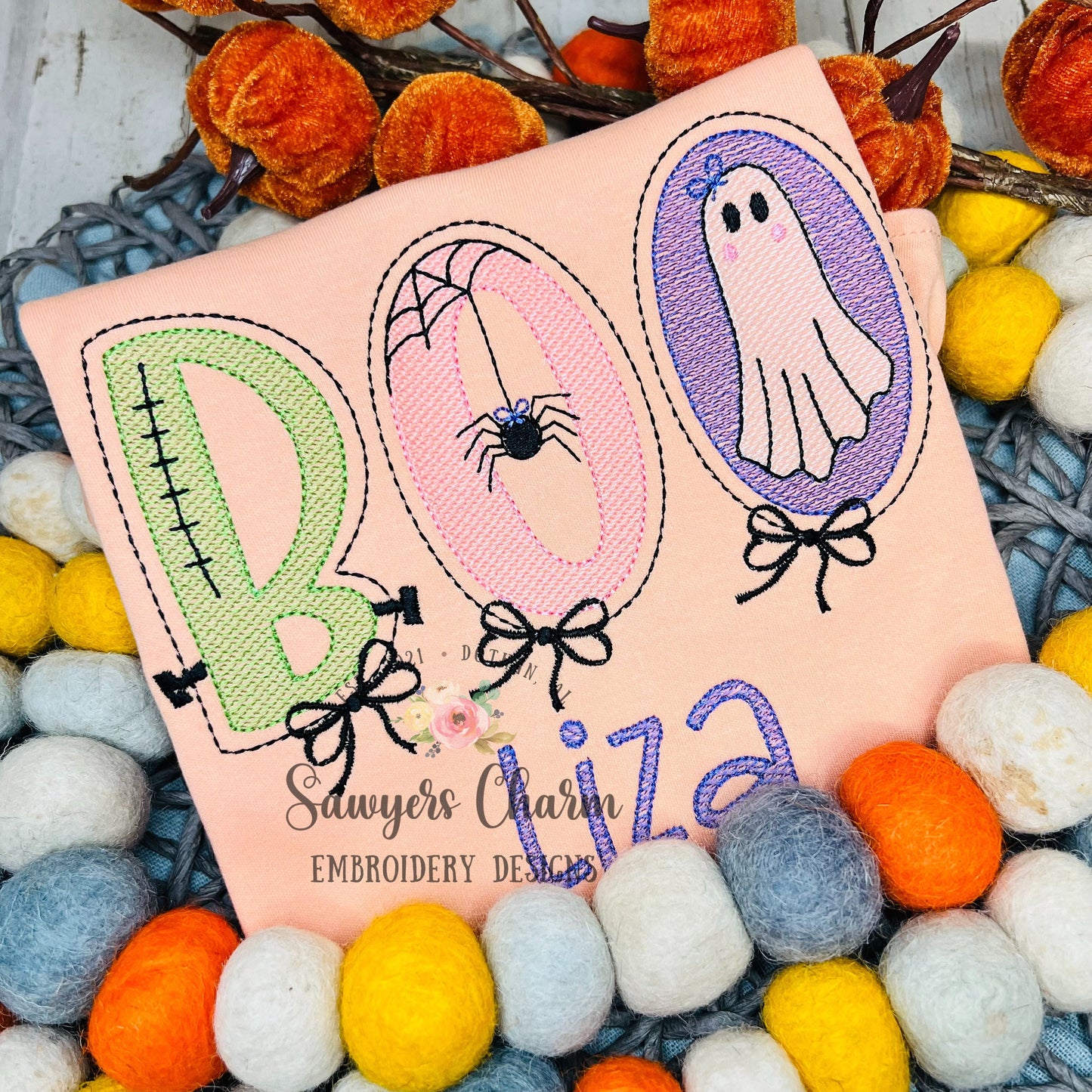 BOO girl with bows sketch stitch machine embroidery design file, fall, Halloween, spiderweb, ghost, coquette, Frankenstein, spooky, scary