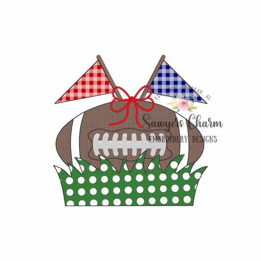 BUNDLE Football with grass name plate & pennants with/without bow, bean stitch machine applique embroidery design, quick stitch, fall sports