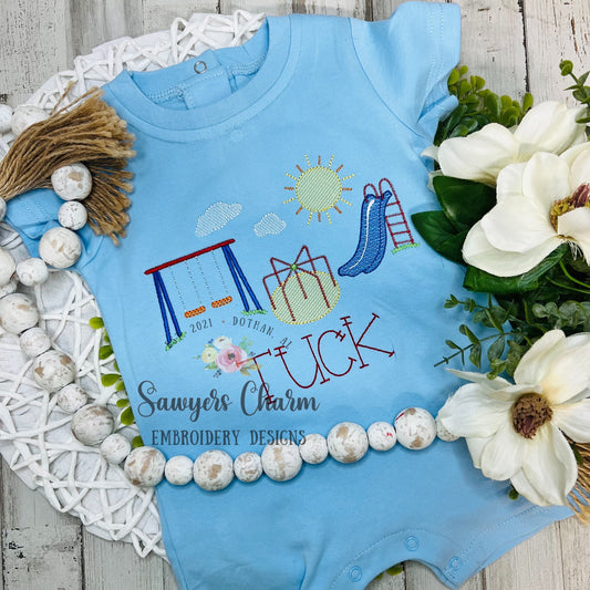 Playground equipment trio sketch stitch machine embroidery design file, quick stitch, back to school, recess, slide, swing, merry go round