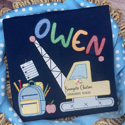 Back to School crane sketch stitch machine embroidery design, quick stitch, construction digger truck transportation, backpack, supplies