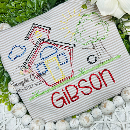 BUNDLE Squiggly school house & tree with swing with/without bow/flowers, bean stitch embroidery design file, quick stitch, back to school