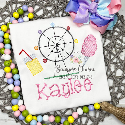 Lemonade, ferris wheel, cotton candy sketch stitch trio machine embroidery design file, county fair, outdoors, summer, rides, fair food