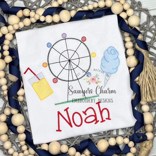 Lemonade, ferris wheel, cotton candy sketch stitch trio machine embroidery design file, county fair, outdoors, summer, rides, fair food