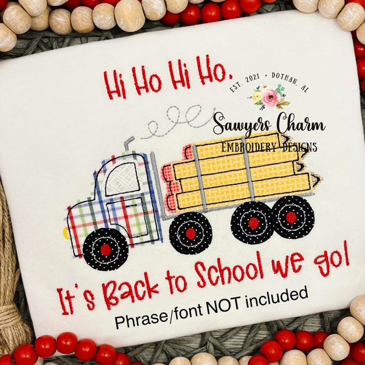Back to school logging truck with pencils bean stitch applique machine embroidery design file, transportation vehicle, truck, semi big rig
