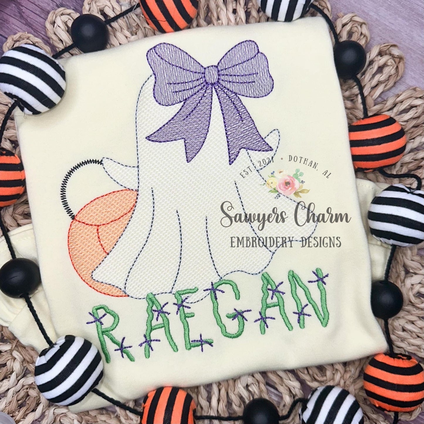 Ghost with bow & candy bucket sketch stitch machine applique embroidery design, quick stitch, fall, halloween, spooky season, trick or treat