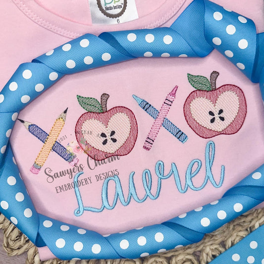 XOXO pencils, crayons, apple trio sketch stitch machine embroidery design file, quick stitch, colors, back to school, supplies, heart, love