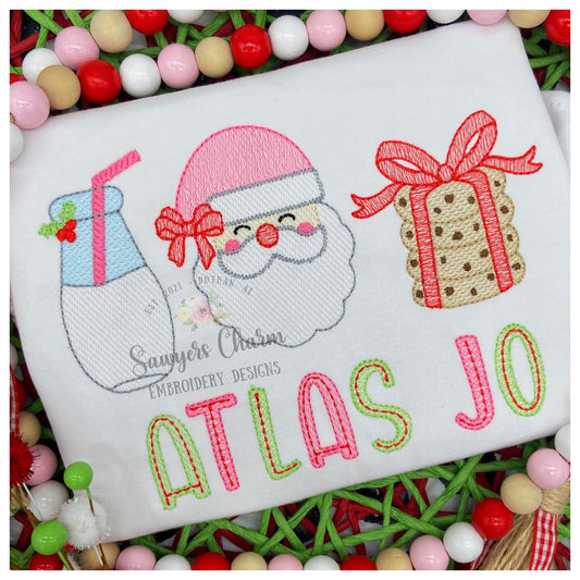 Santa Claus with bow milk & stacked cookies sketch stitch trio machine embroidery file, holly berries, happy holidays, Merry Christmas