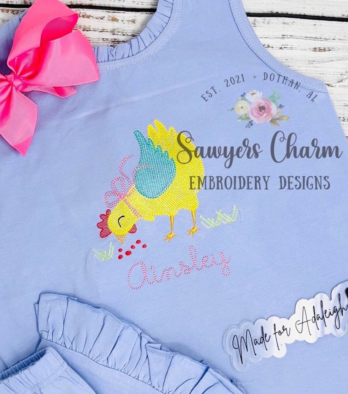 Sweet Chicken with bow sketch stitch machine embroidery design file, bean stitch, quick stitch, farm animal, feed, spring grass hen, summer