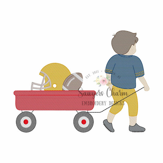Football player pulling wagon with helmet and football sketch stitch machine embroidery design, fall football sports, team, cleats, game day