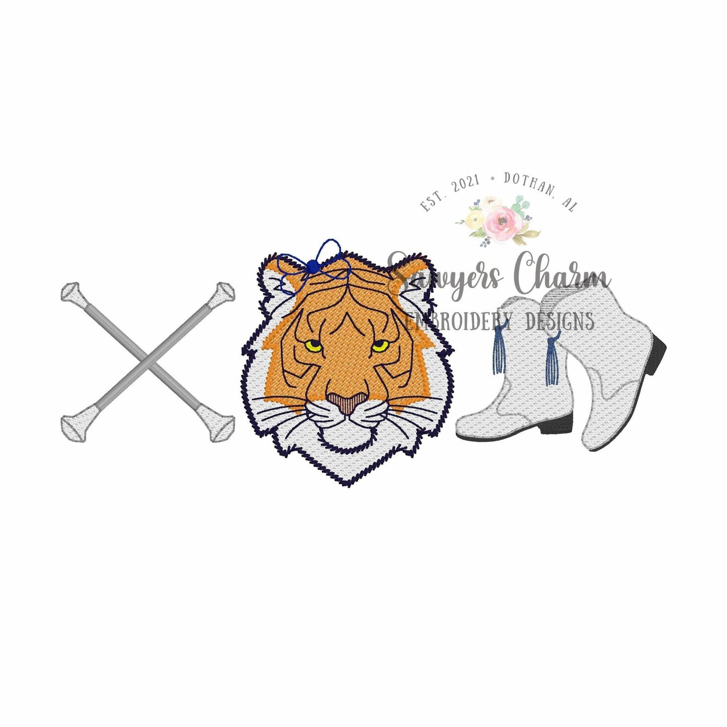 Batons, tiger with bow, majorette boots trio, sketch stitch embroidery design, college university, football cheerleader, dance, coquette