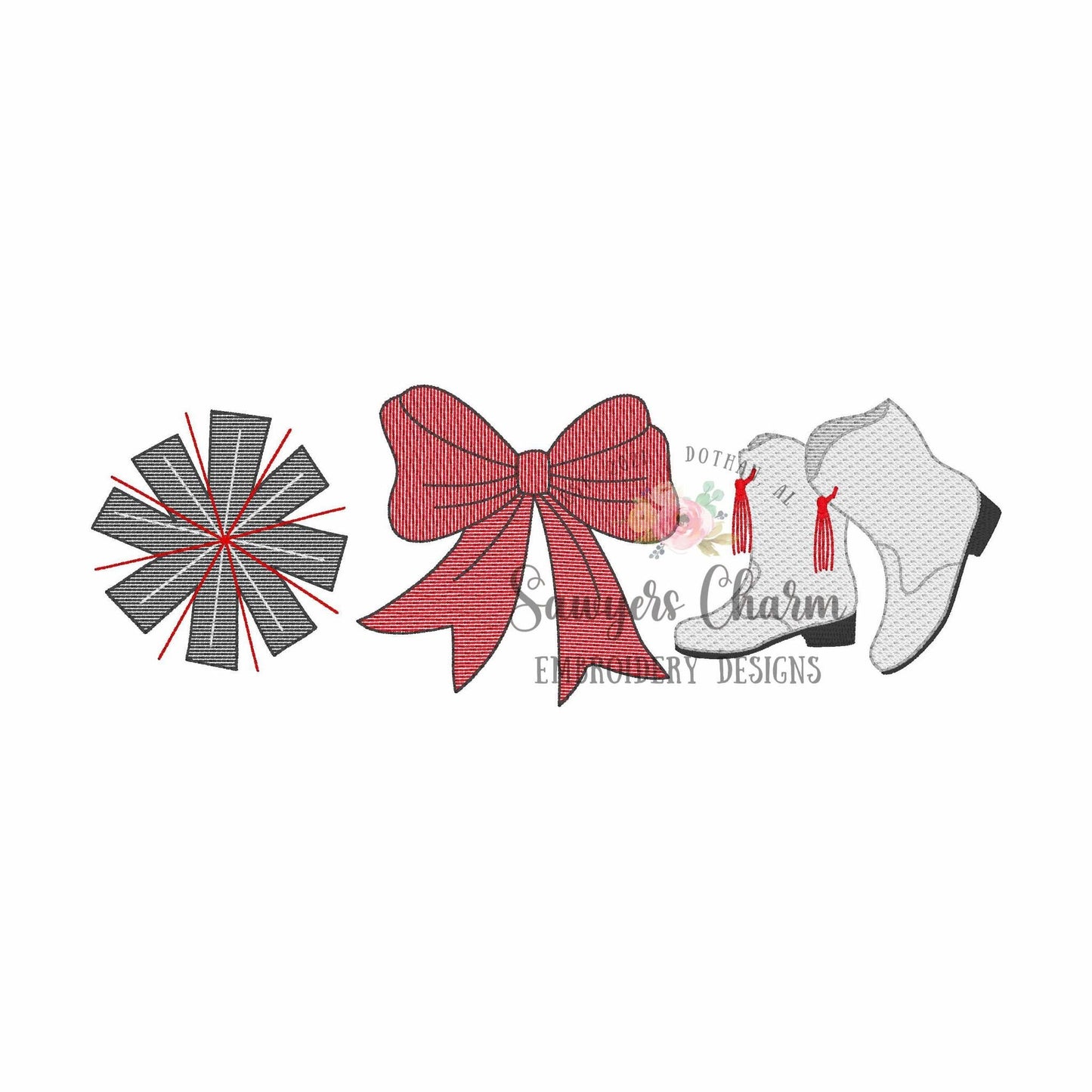 Pom pom, bow, majorette boots trio, sketch stitch embroidery design, college university, football cheerleader, dance, coquette, mardi gras