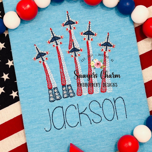 Red/white/blue jets, stars/stripes, flag smoke sketch stitch machine embroidery design file, July 4th, patriotic, summer, America, air show