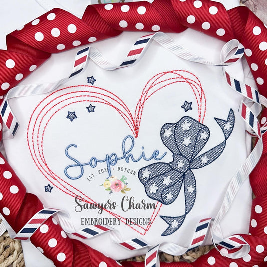 Scribble heart with bow & stars, sketch stitch machine embroidery design file, bean stitch, July 4th, patriotic, stars/stripes, girl, summer