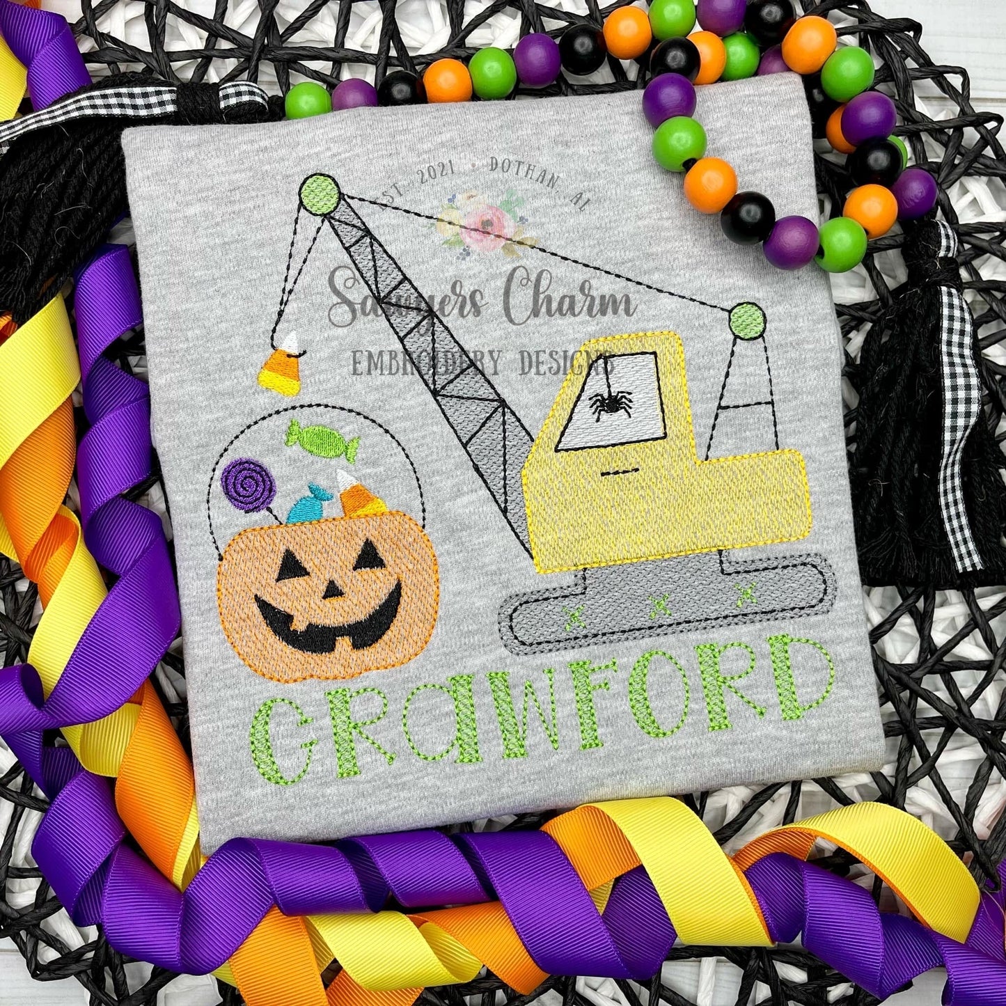 Halloween crane sketch stitch machine embroidery design, quick stitch, construction digger truck transportation jackolantern candy, spooky