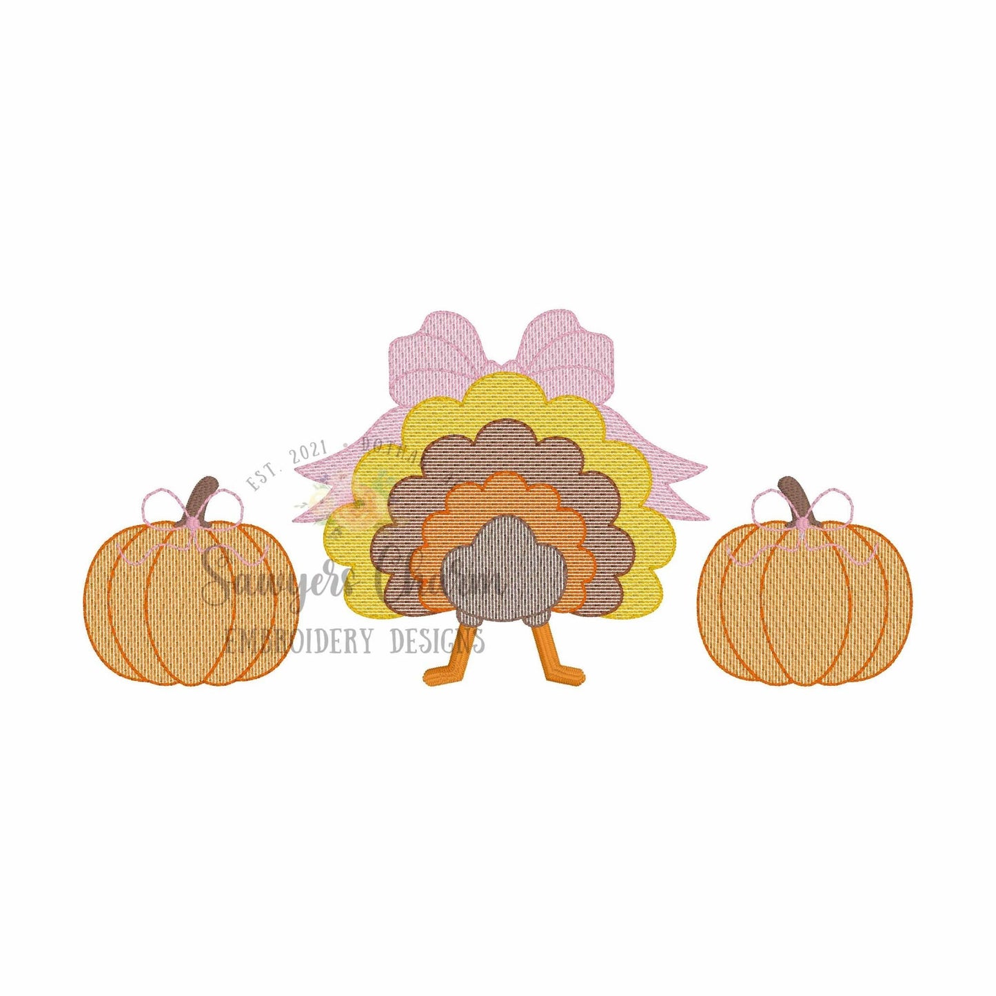 Turkey tail with bows & pumpkins trio sketch stitch embroidery design file, fall, thanksgiving, quick stitch, coquette, feathers