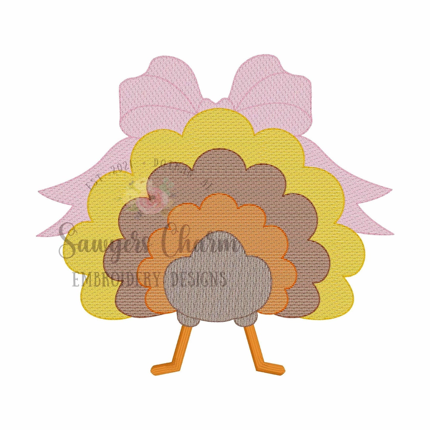 Turkey tail with bow sketch stitch embroidery design file, fall, thanksgiving, quick stitch, coquette, feathers, little girl