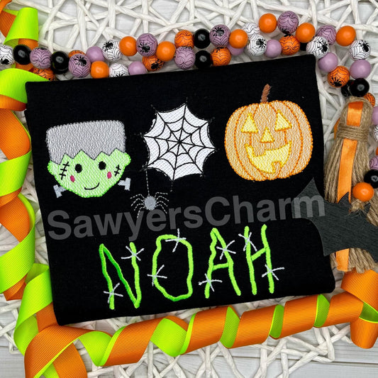 Frankenstein, spiderweb, jackolantern sketch stitch trio machine embroidery design file, Halloween, spooky season, quick stitch, fall