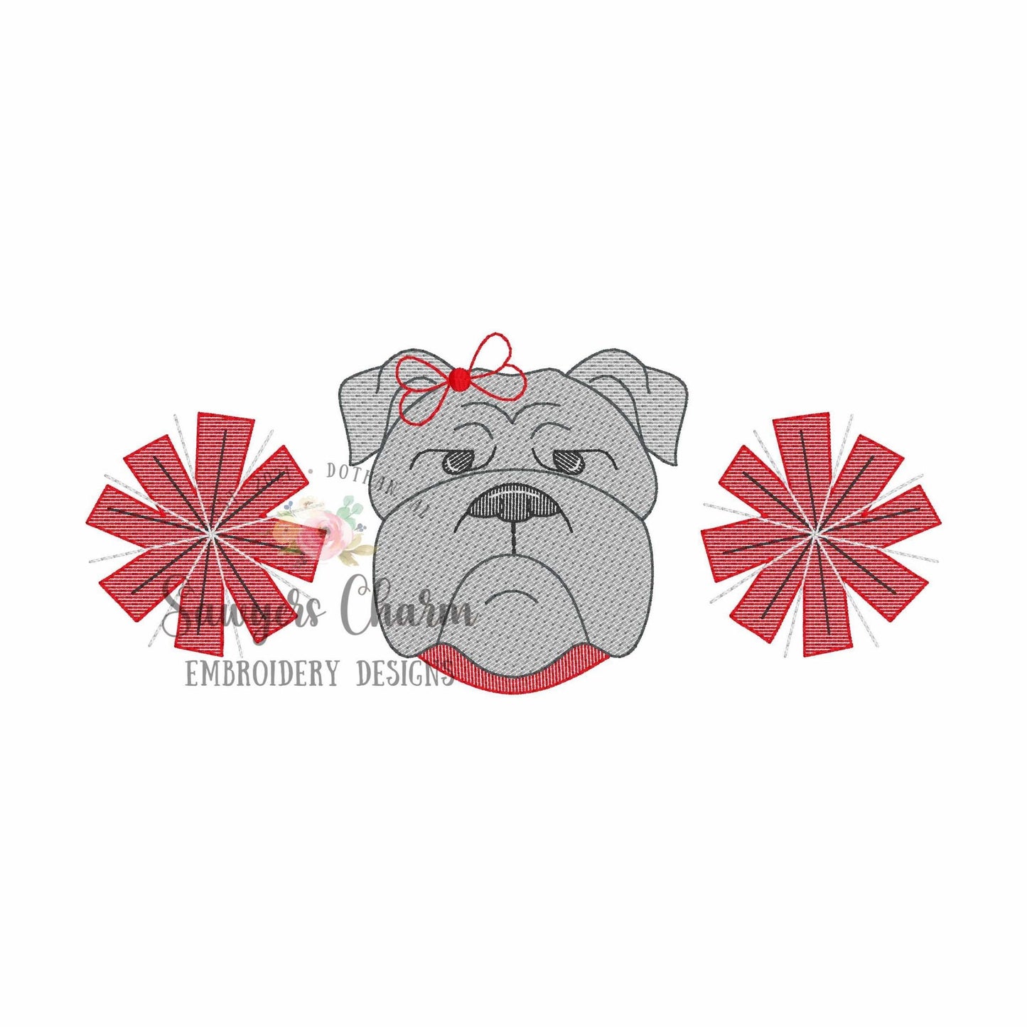 Pom poms, bulldog with collar & bow trio, sketch stitch embroidery design, college university, football cheerleader, cheerleading, coquette
