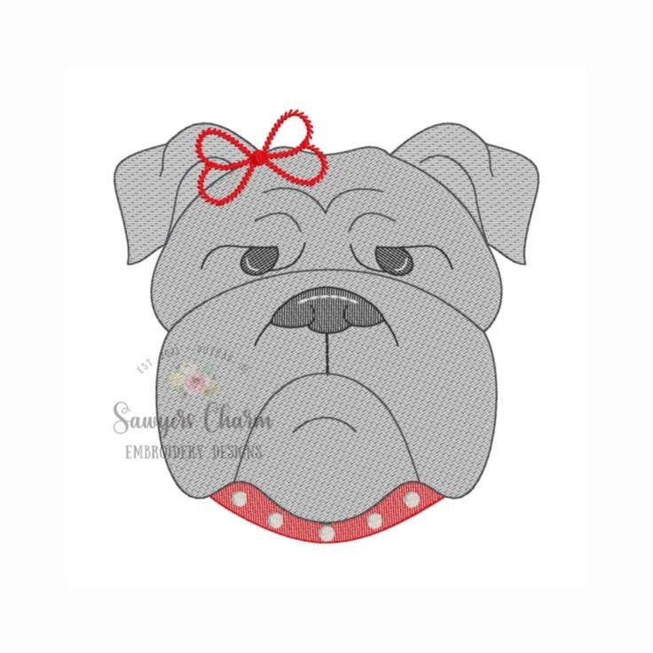 BUNDLE bulldog with collar with/without bow sketch stitch machine embroidery design, college university, cheerleader sports fan, coquette