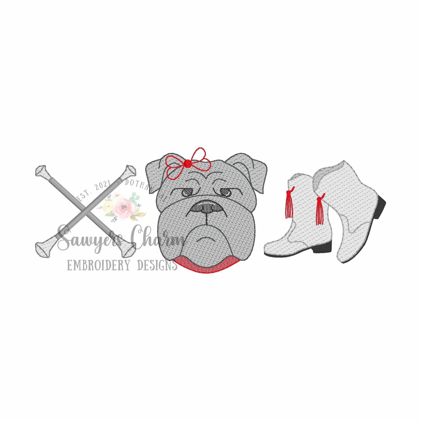 Batons, bulldog with collar, majorette boots trio sketch stitch embroidery design, college university, football cheerleader, dance, coquette