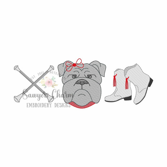 Batons, bulldog with collar, majorette boots trio sketch stitch embroidery design, college university, football cheerleader, dance, coquette