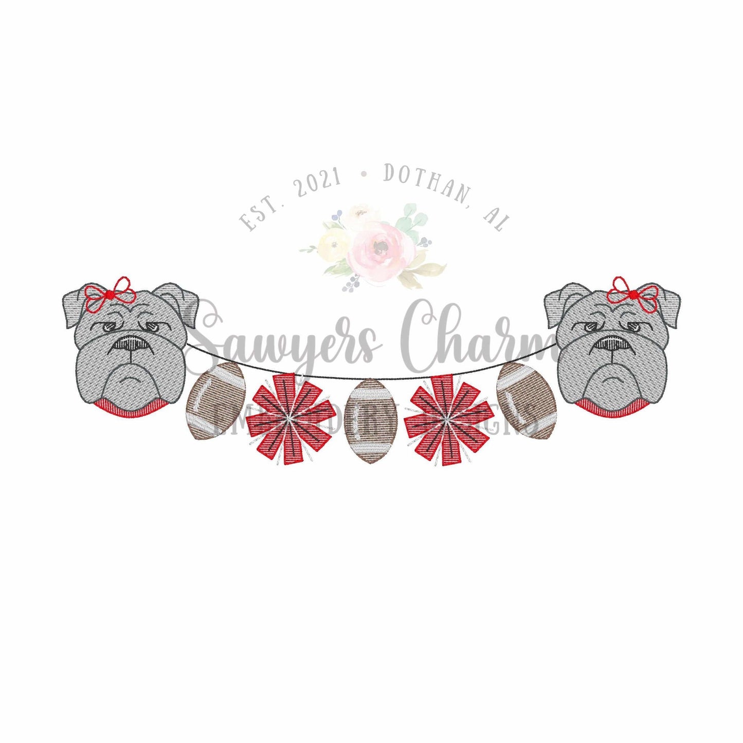 Bulldog with collar & footballs/pom poms bunting banner sketch stitch machine embroidery design, college university, sports, mascot, cheer