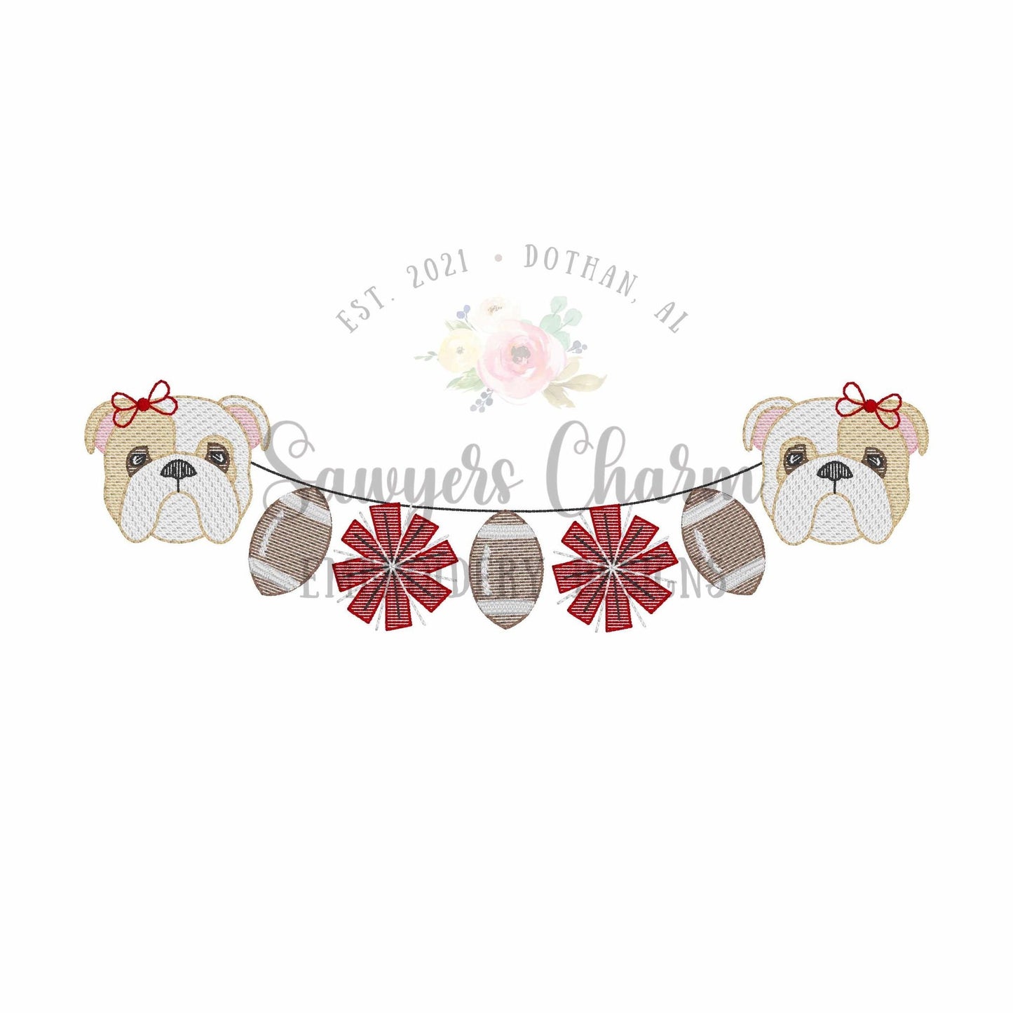 Bulldog two colors & footballs/pom poms trio sketch stitch machine embroidery design, college university, sports fan, mascot, cheerleader