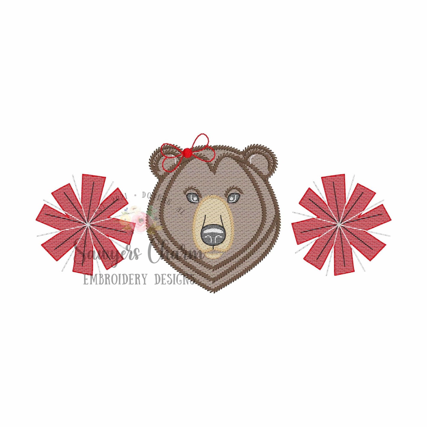 Pom poms and bear trio, sketch stitch embroidery design, college university, football cheerleader, cheer mascot, coquette bow, grizzly