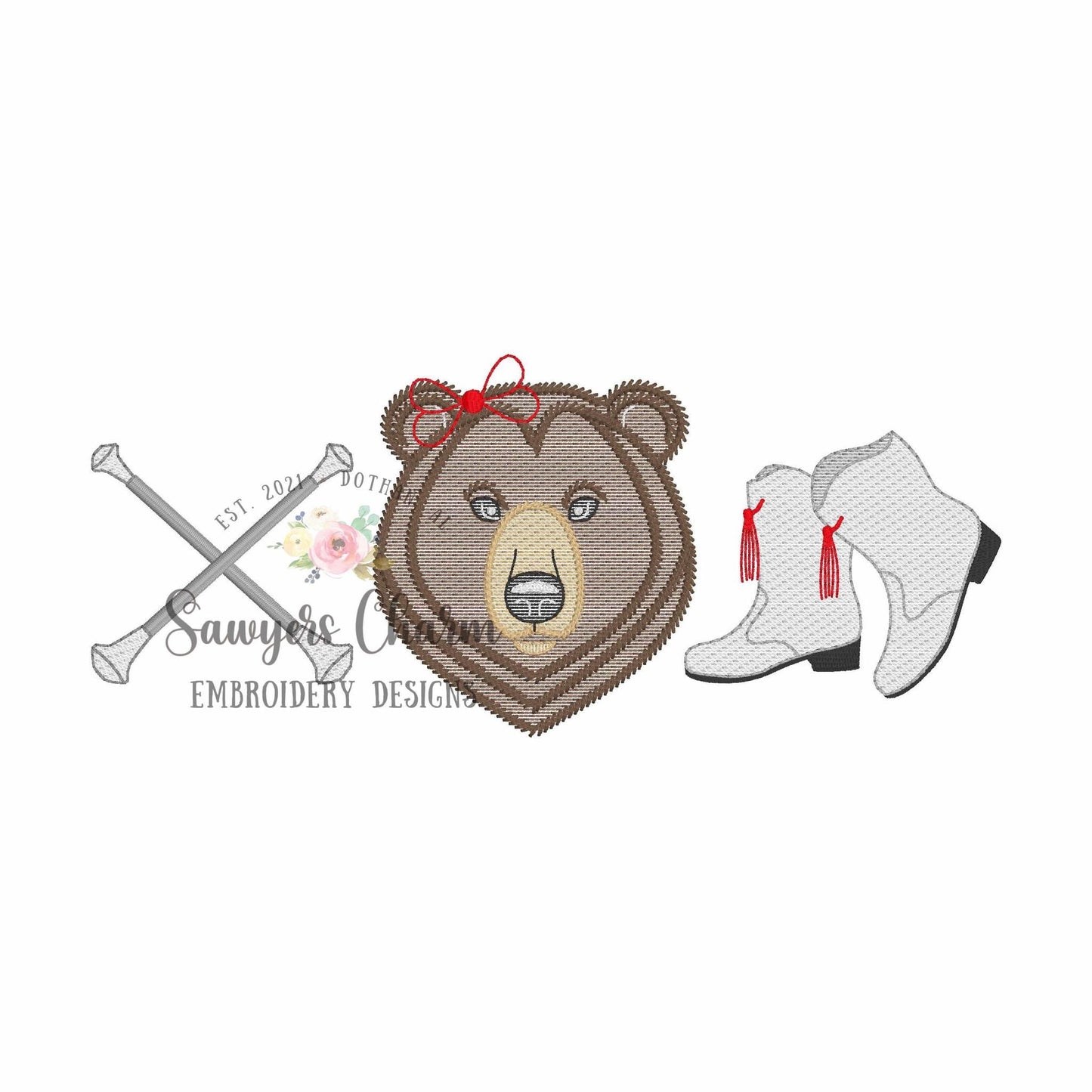 Batons, bear with bow, majorette boots trio, sketch stitch embroidery design, college university, football cheerleader, dance, coquette