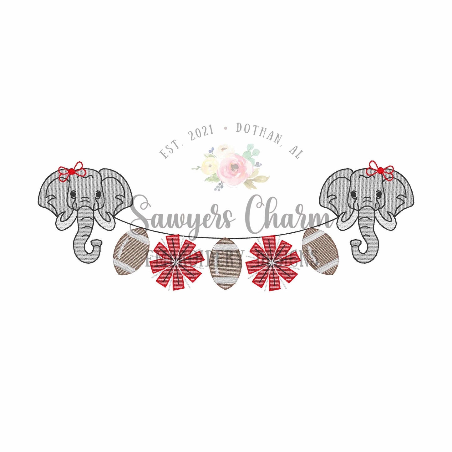 Elephant & footballs/pom poms bunting banner sketch stitch machine embroidery design, college university, fall sports fan, cheerleading