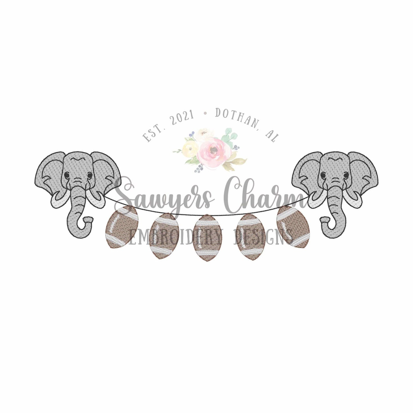 Elephant & footballs bunting banner sketch stitch machine embroidery design, college university, fall sports fan, quick stitch