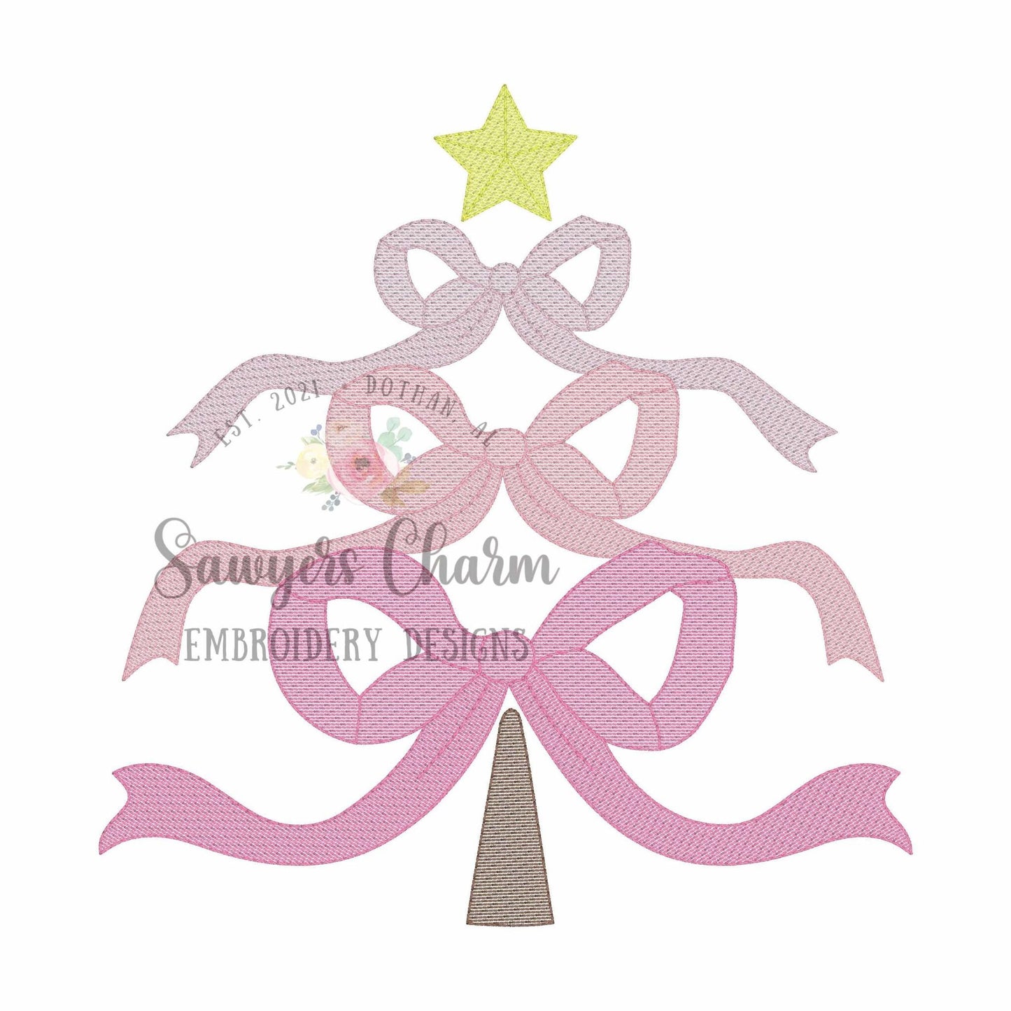 Coquette Bows Christmas tree with ornaments sketch stitch, machine embroidery design file, quick stitch, happy holidays, star