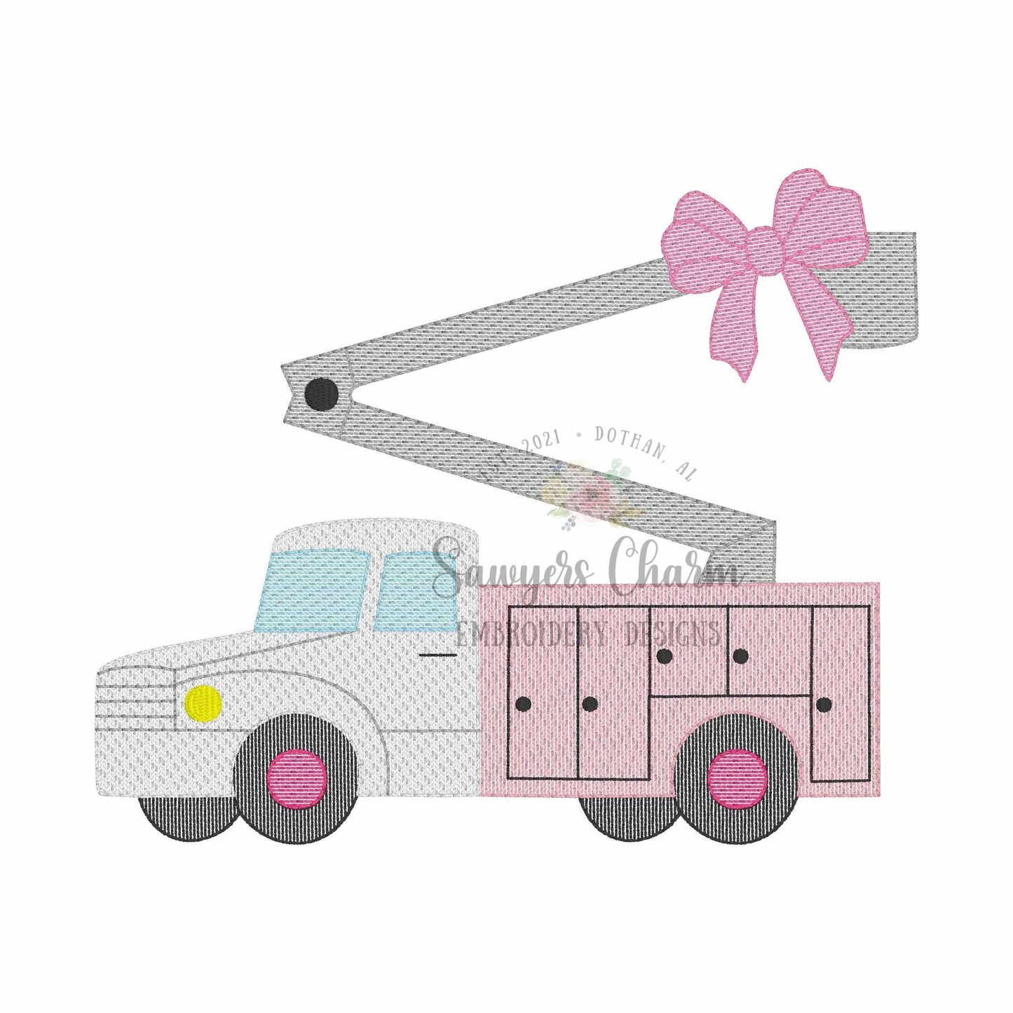 Bucket truck with bow sketch stitch machine embroidery design, quick stitch, lineman, construction worker, transportation, vehicle, coquette