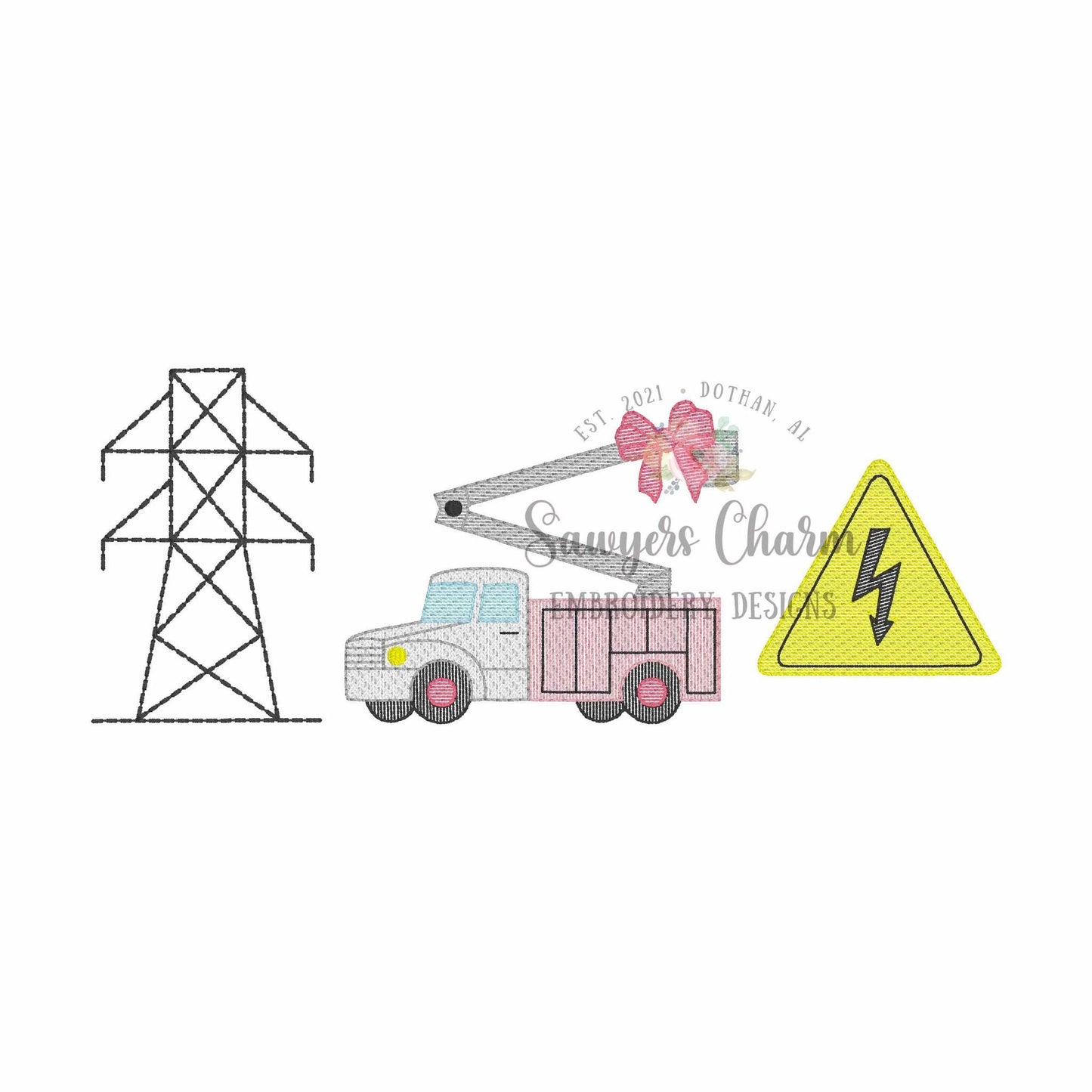 Bucket truck with bow, power line, hazard sign sketch stitch trio, machine embroidery design, quick stitch, lineman, construction worker
