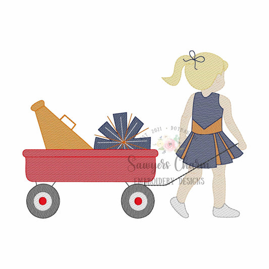 Cheerleader with ponytail pulling wagon with megaphone & pompom sketch stitch machine embroidery design, fall football sports, team, bow